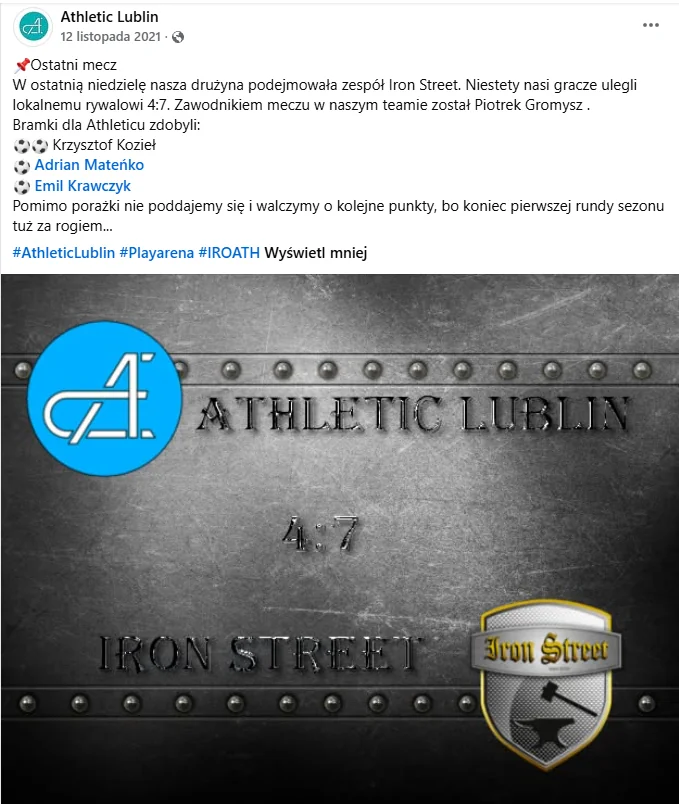 Grafika meczowa Athletic Lublin vs Iron Street 4:7 na Facebooku